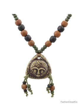 Ceramic Pendant Necklace, Tribal Sun Moon Star, Handmade Adjustable Woven Rope,